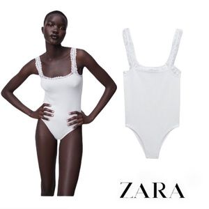 ZARA White Seamless Lace Trim Bodysuit XS SMALL